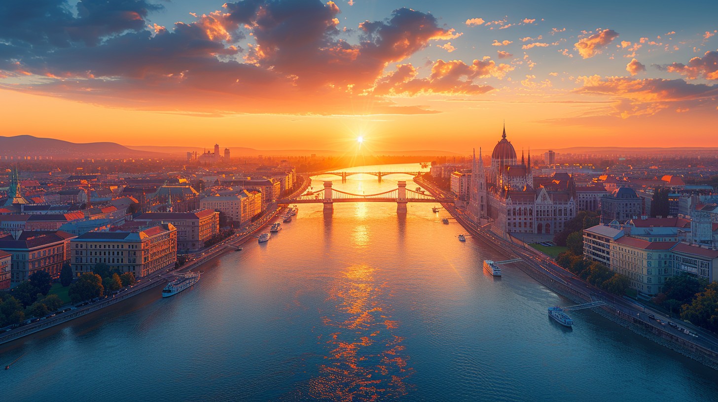 Golden-hour aerial view of Budapest
