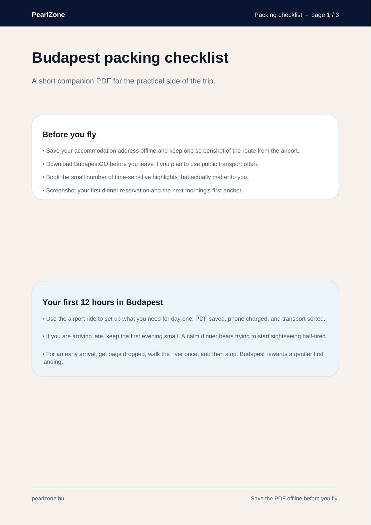 Cover page of the free Budapest packing checklist PDF